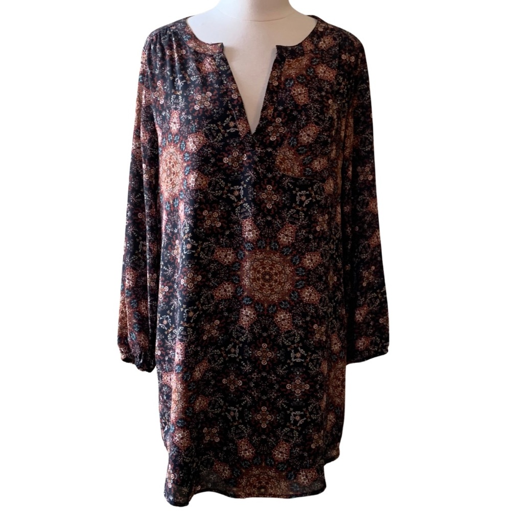 Allison Joy Black and Brown Printed Long Sleeve Tunic Dress